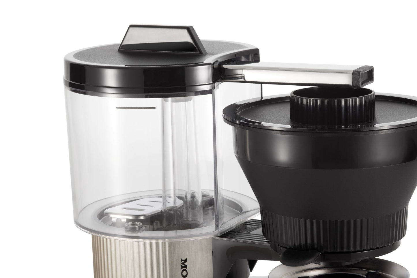 Coffee maker with clear carafe and black lid on a white background