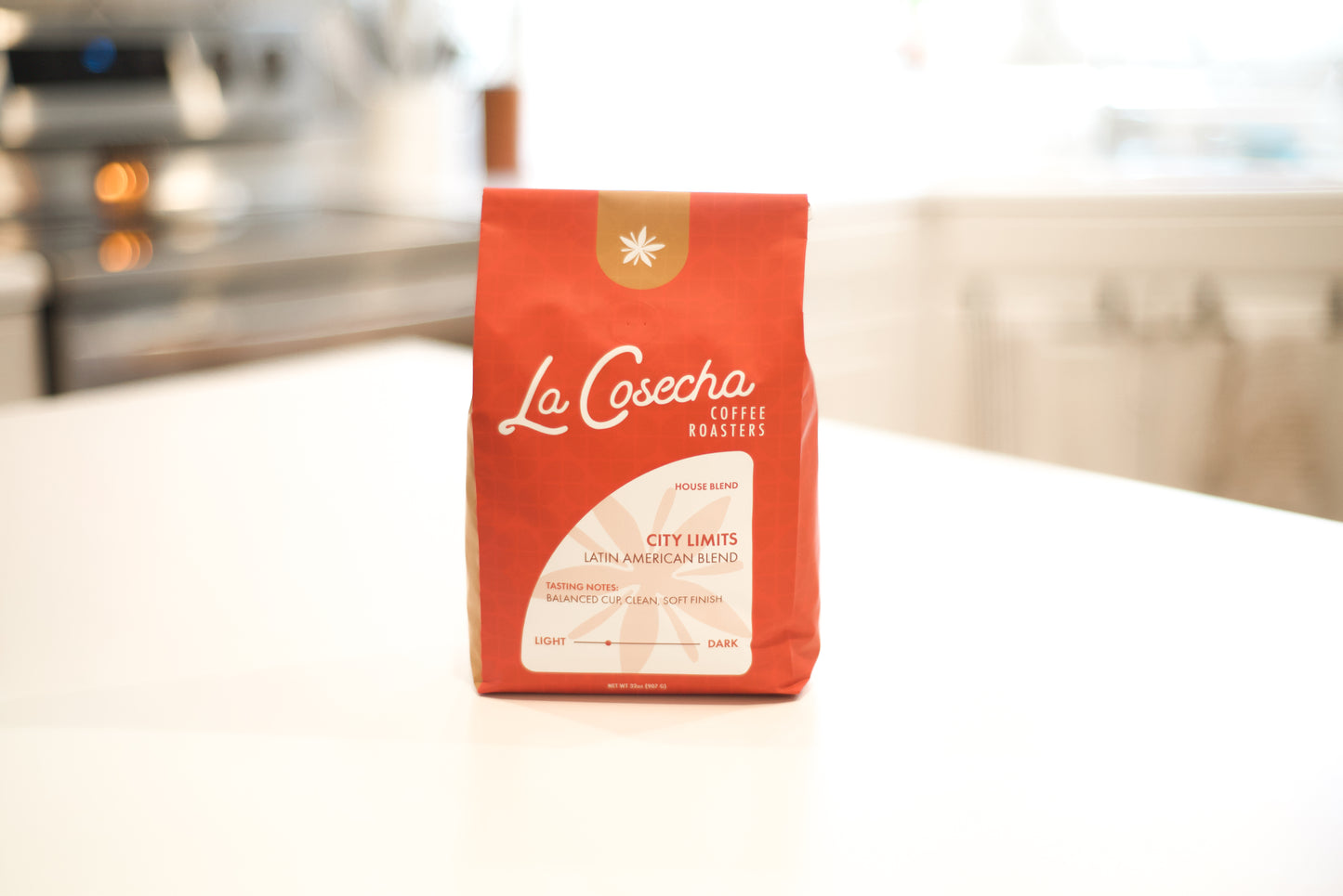 La Cosecha Coffee bag on a kitchen counter