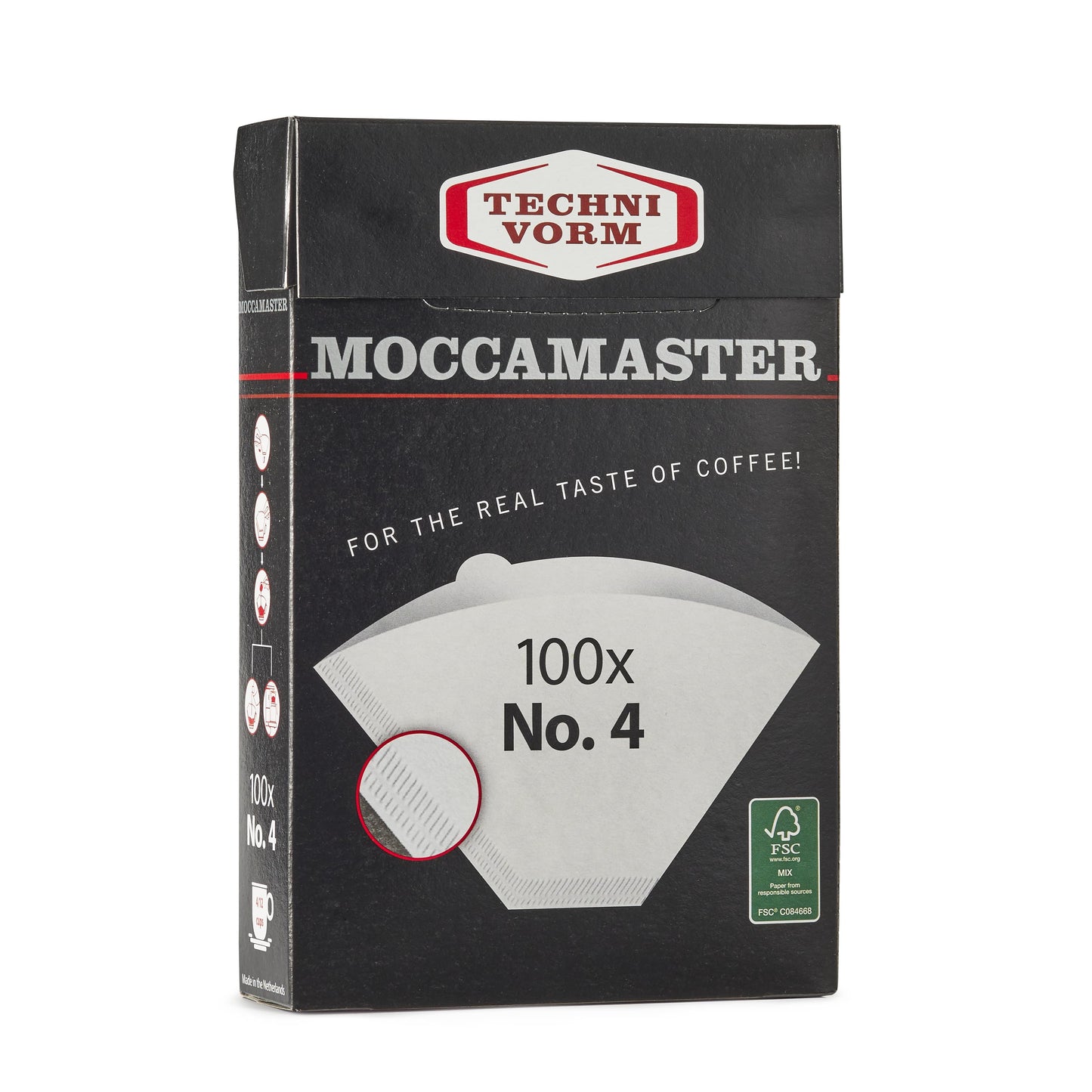 Box of Moccamaster coffee filters with Technivorm branding on a white background