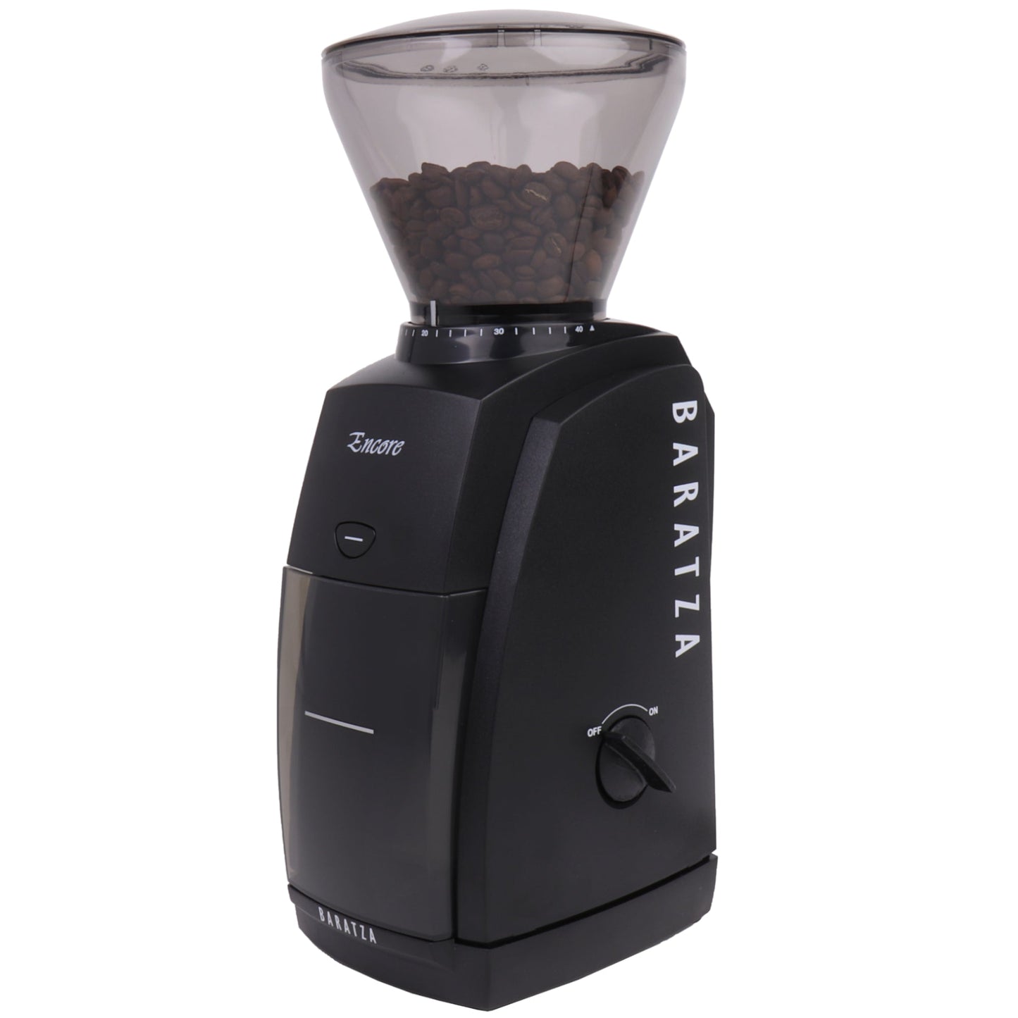 Baratza Encore black coffee grinder with clear container on a white background