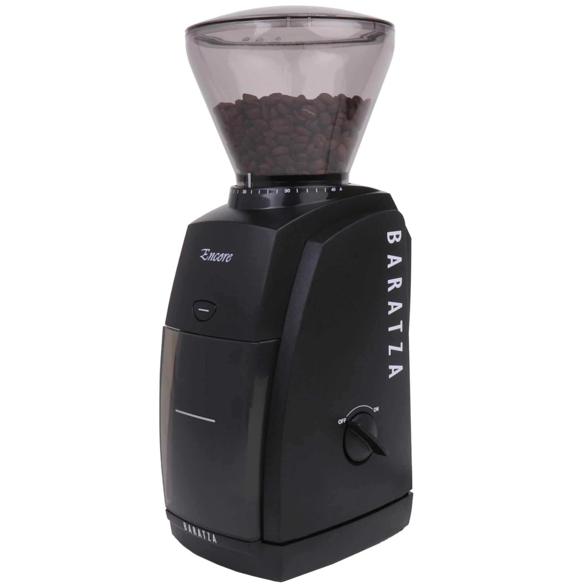 Baratza Encore black coffee grinder with clear container on a white background