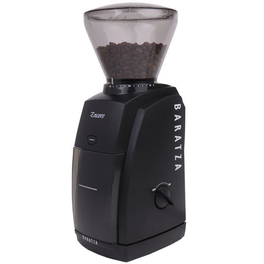 Baratza Encore black coffee grinder with clear container on a white background