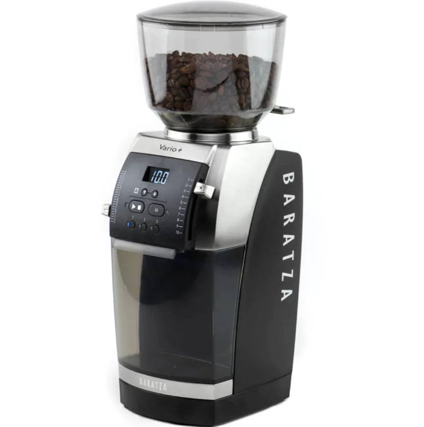 Baratza Vario+ coffee grinder with clear container on a white background