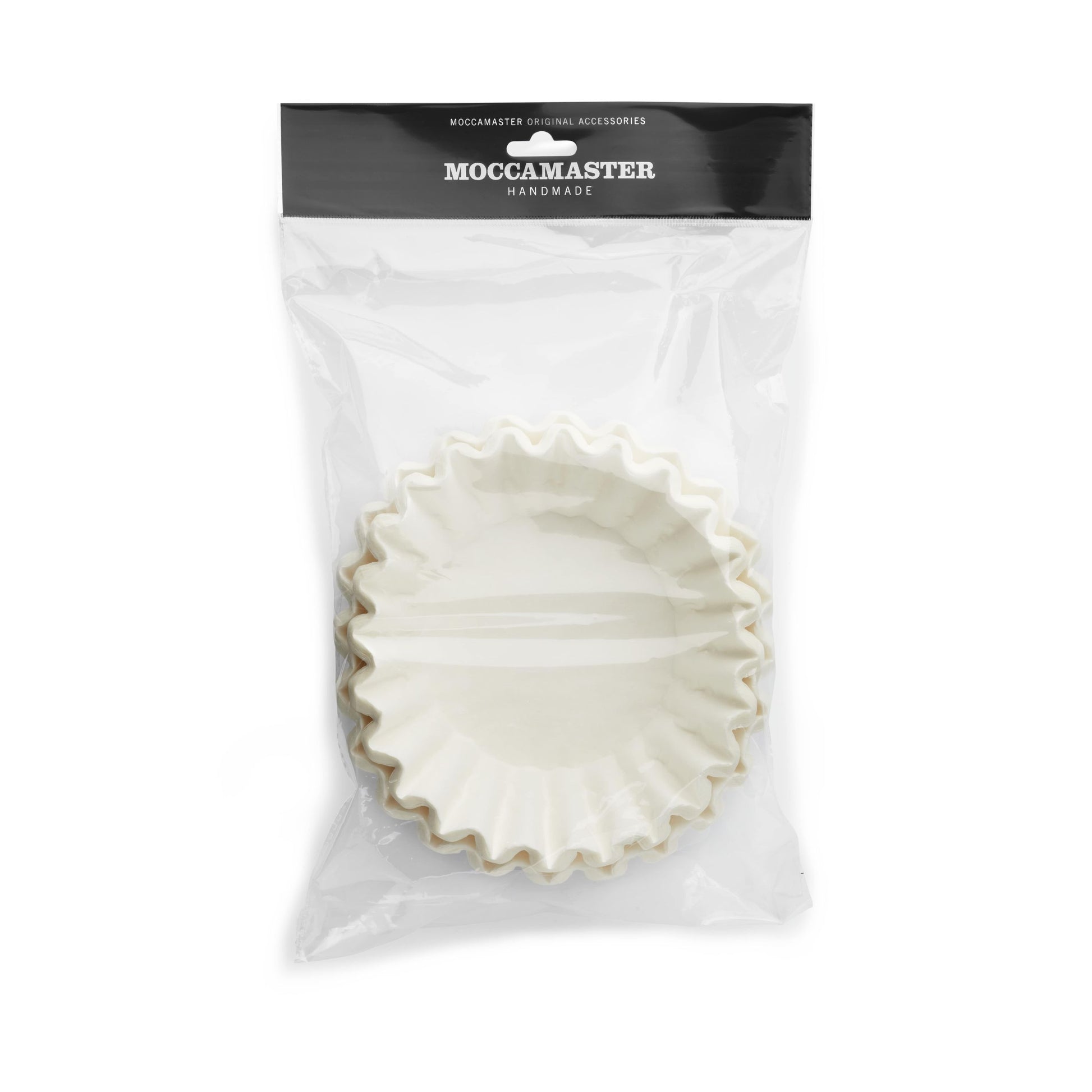 White coffee filter in clear packaging with Moccamaster branding.