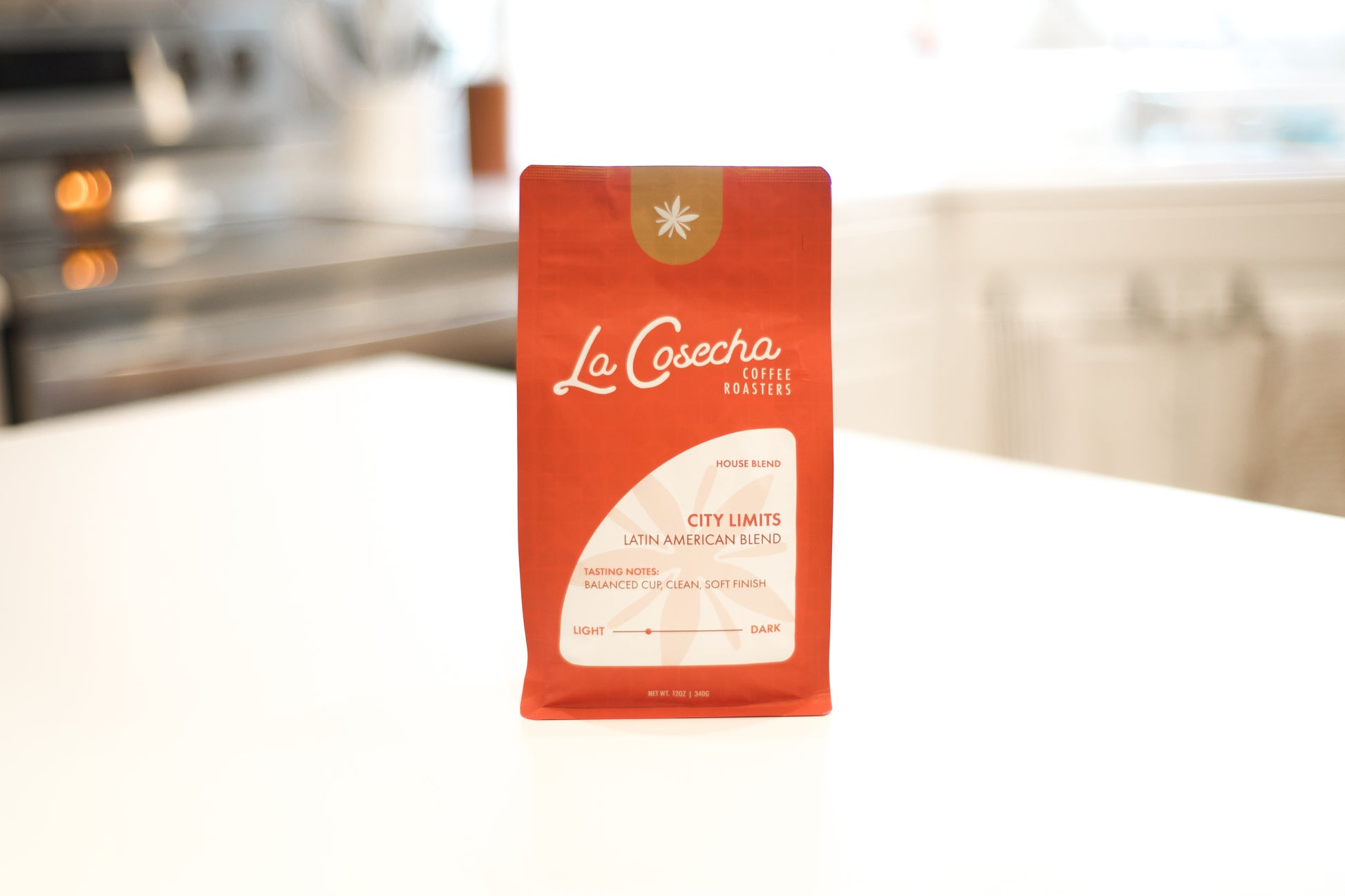 La Cosecha Coffee package on a kitchen counter