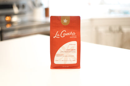 La Cosecha Coffee package on a kitchen counter