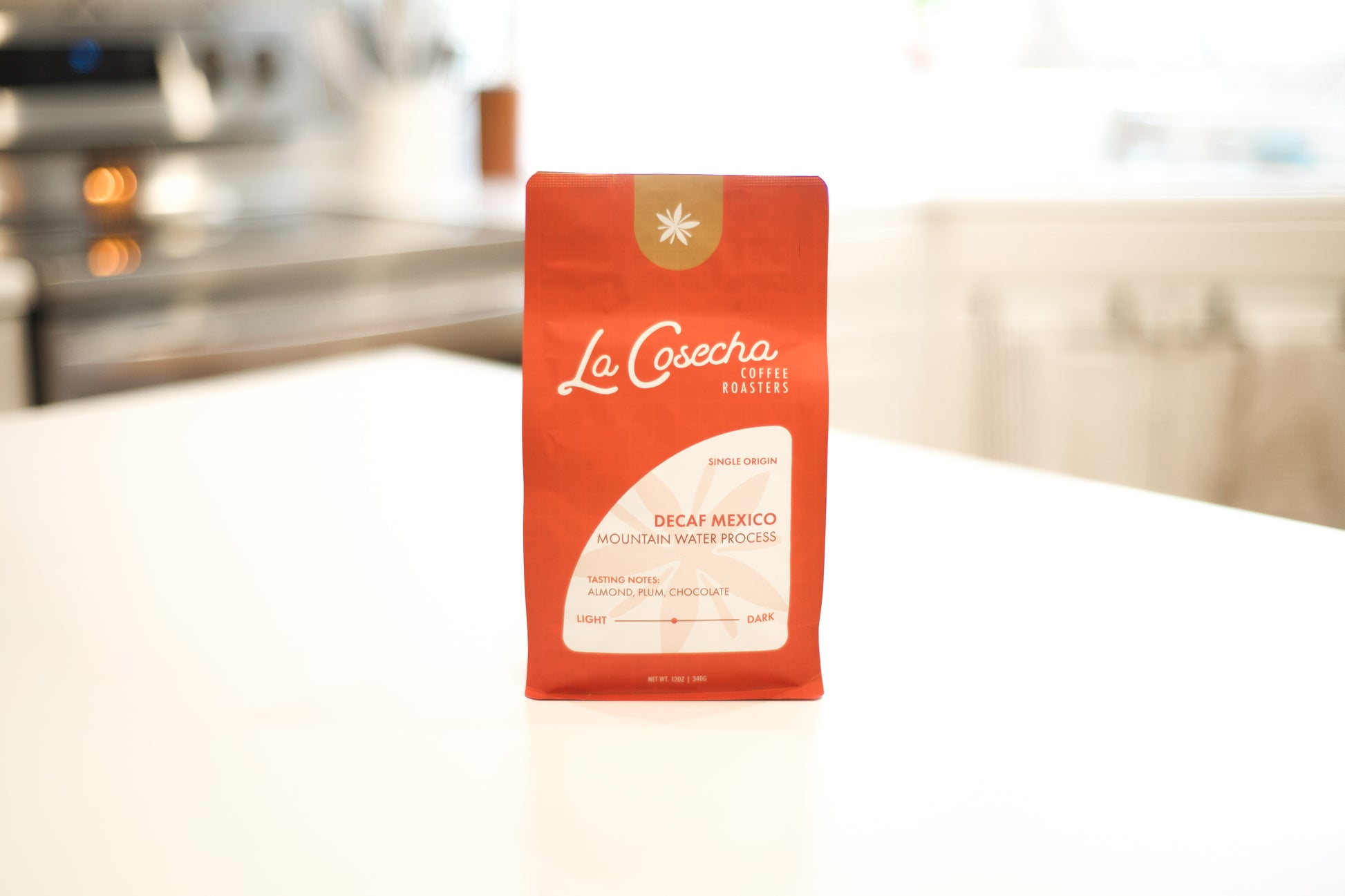 La Cosecha Coffee package on a kitchen counter