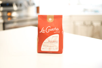 La Cosecha coffee box on a kitchen counter