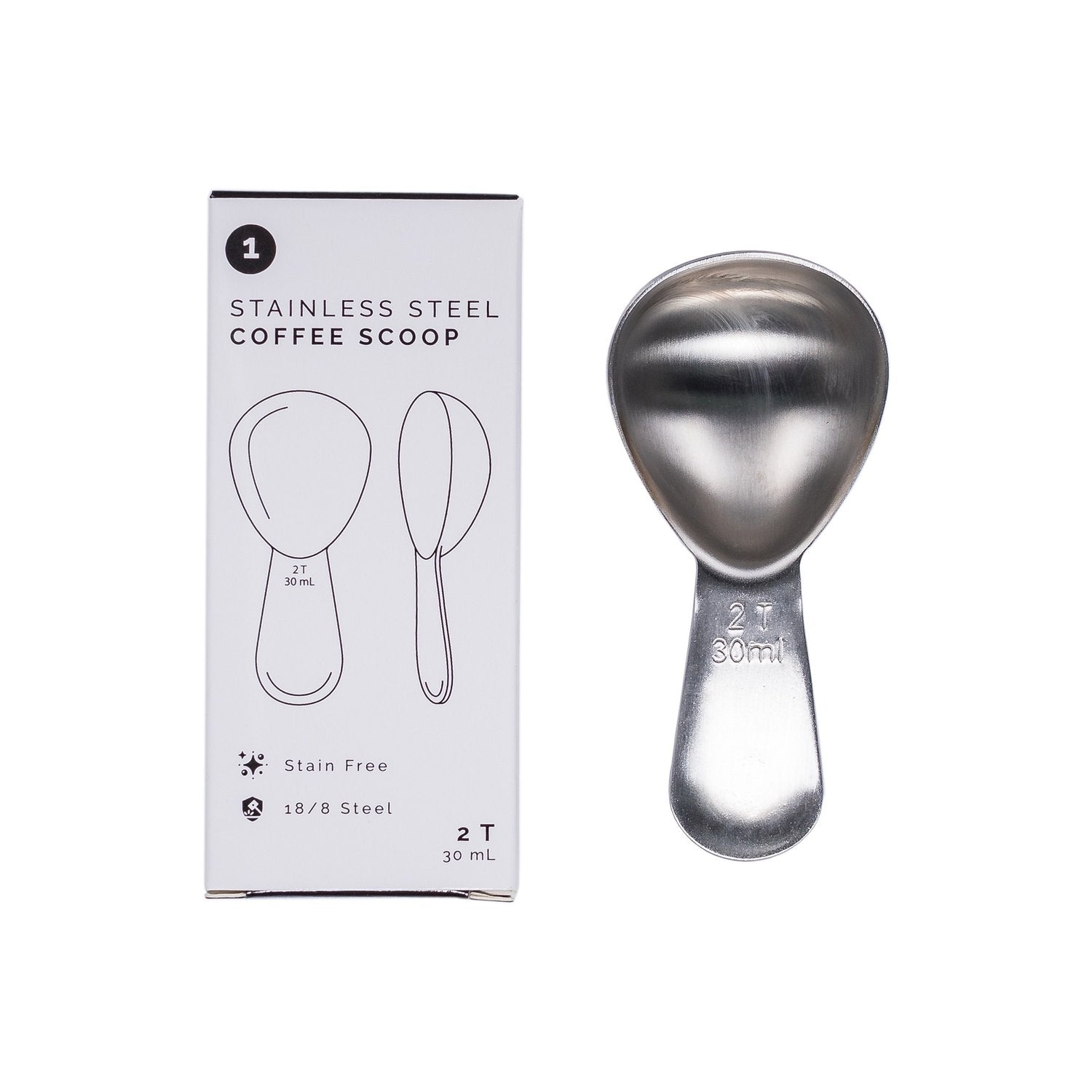 Stainless steel coffee scoop with packaging on a white background