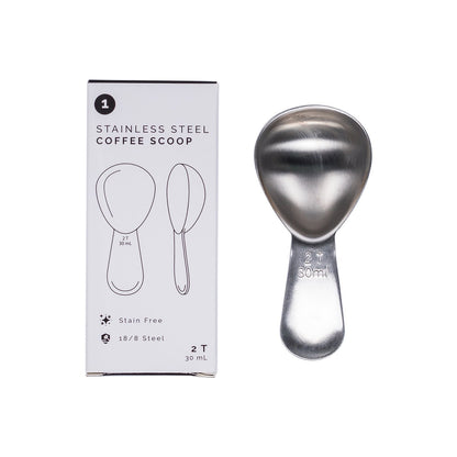 Stainless steel coffee scoop with packaging on a white background