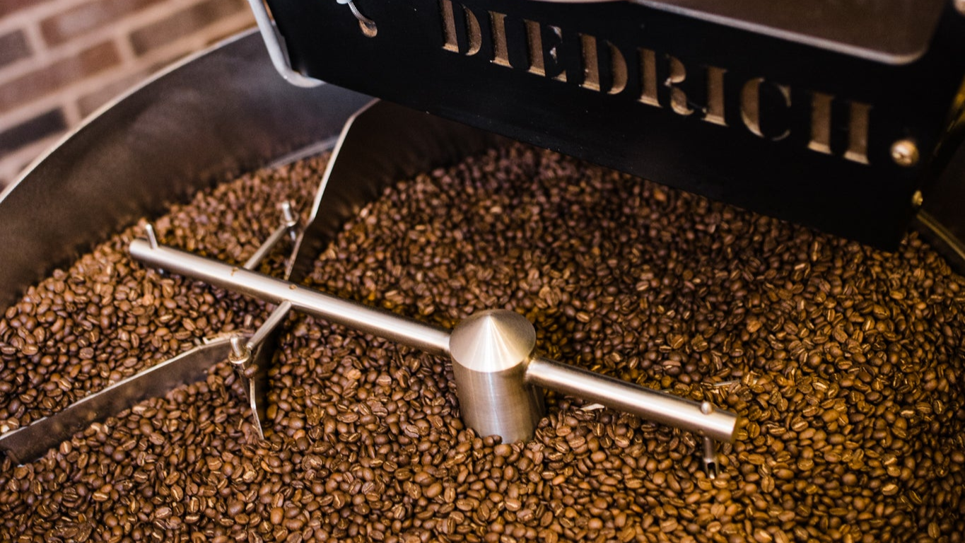 Diedrich coffee roaster with coffee beans inside