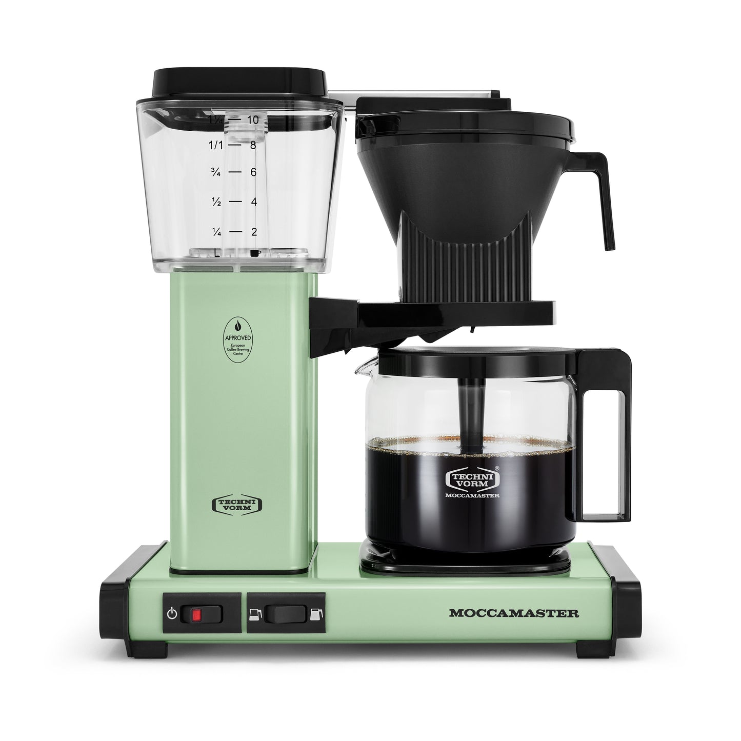 Moccamaster coffee maker with green base and black top on a white background