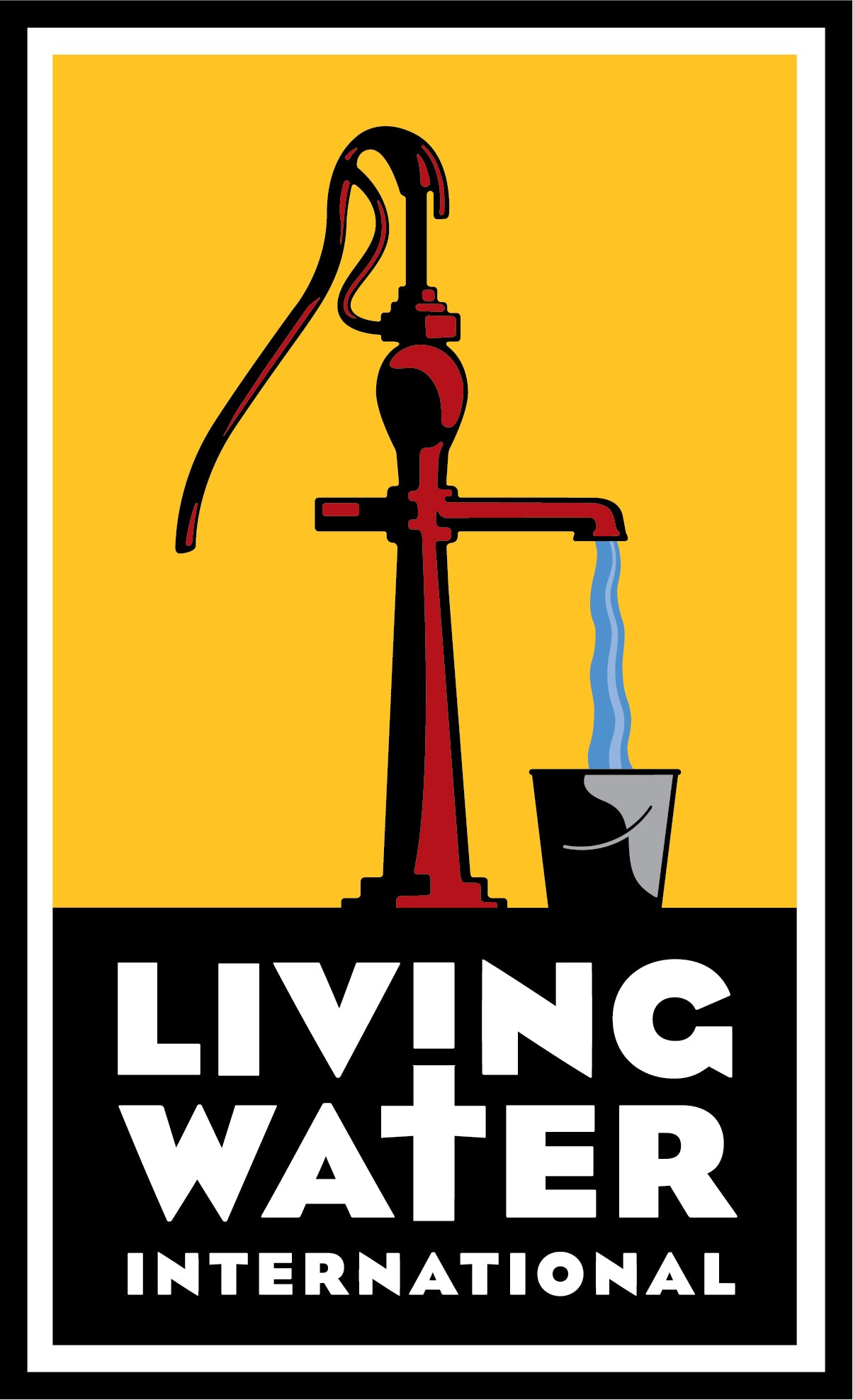 Living Water International logo with a red pump and bucket on a yellow background