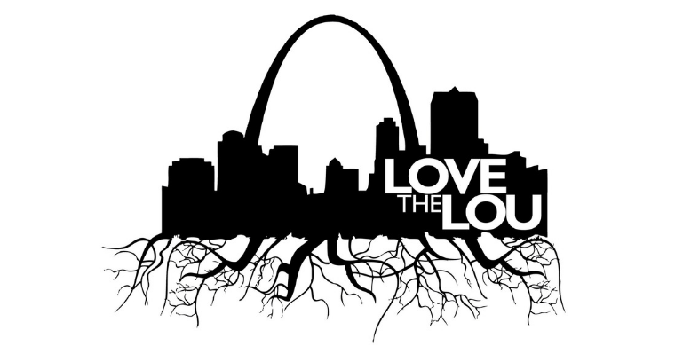 Black silhouette of a city skyline with 'LOVE THE LOU' text on a white background