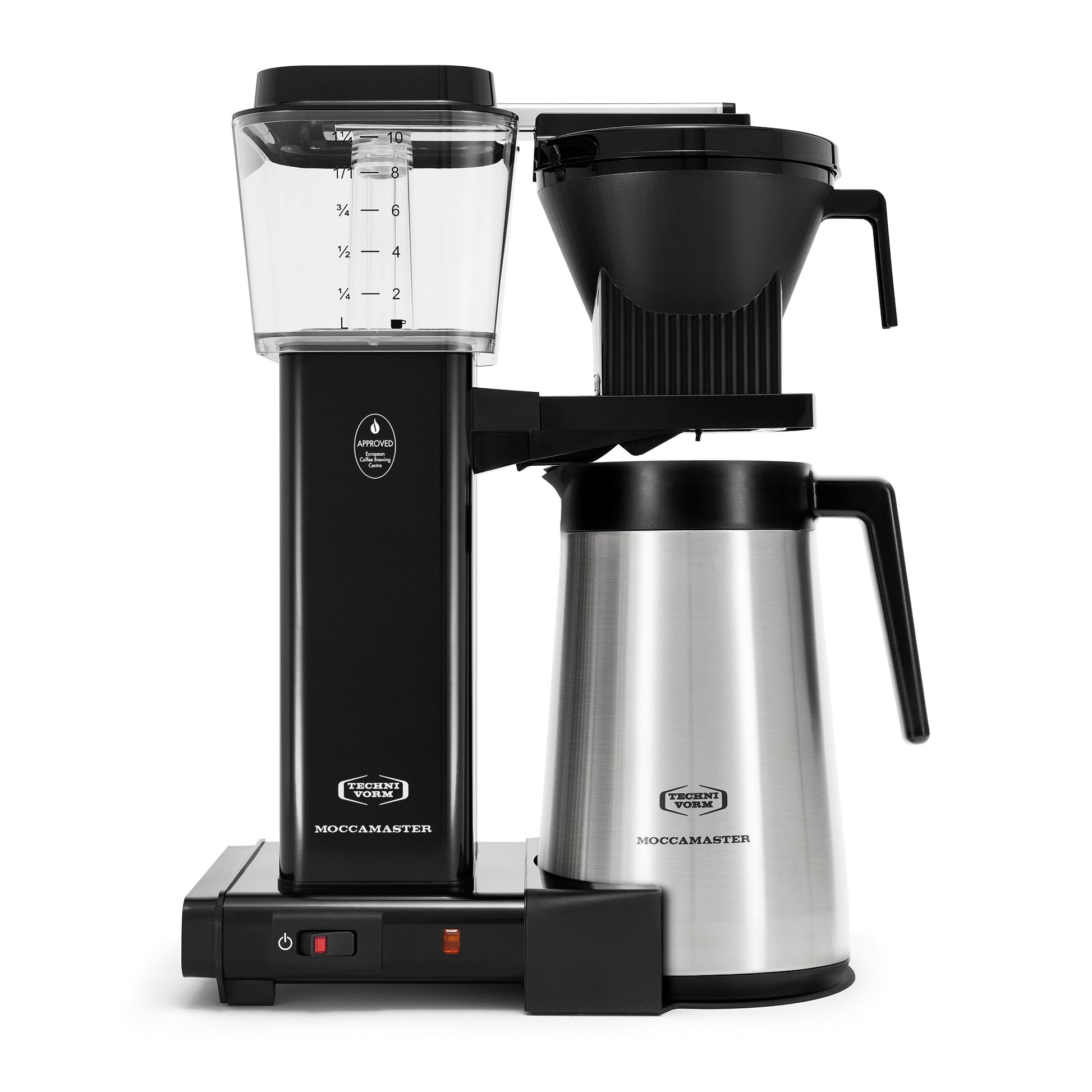 Moccamaster coffee maker with clear carafe and stainless steel thermal carafe on a white background