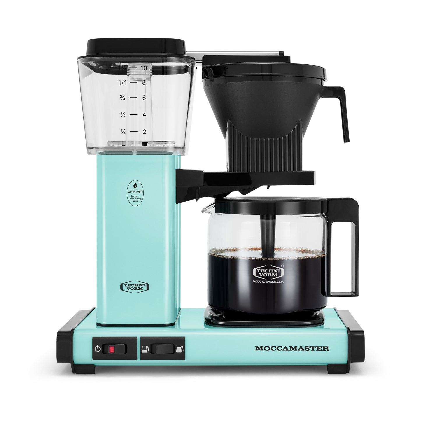 Moccamaster coffee maker with turquoise base and black top on a white background