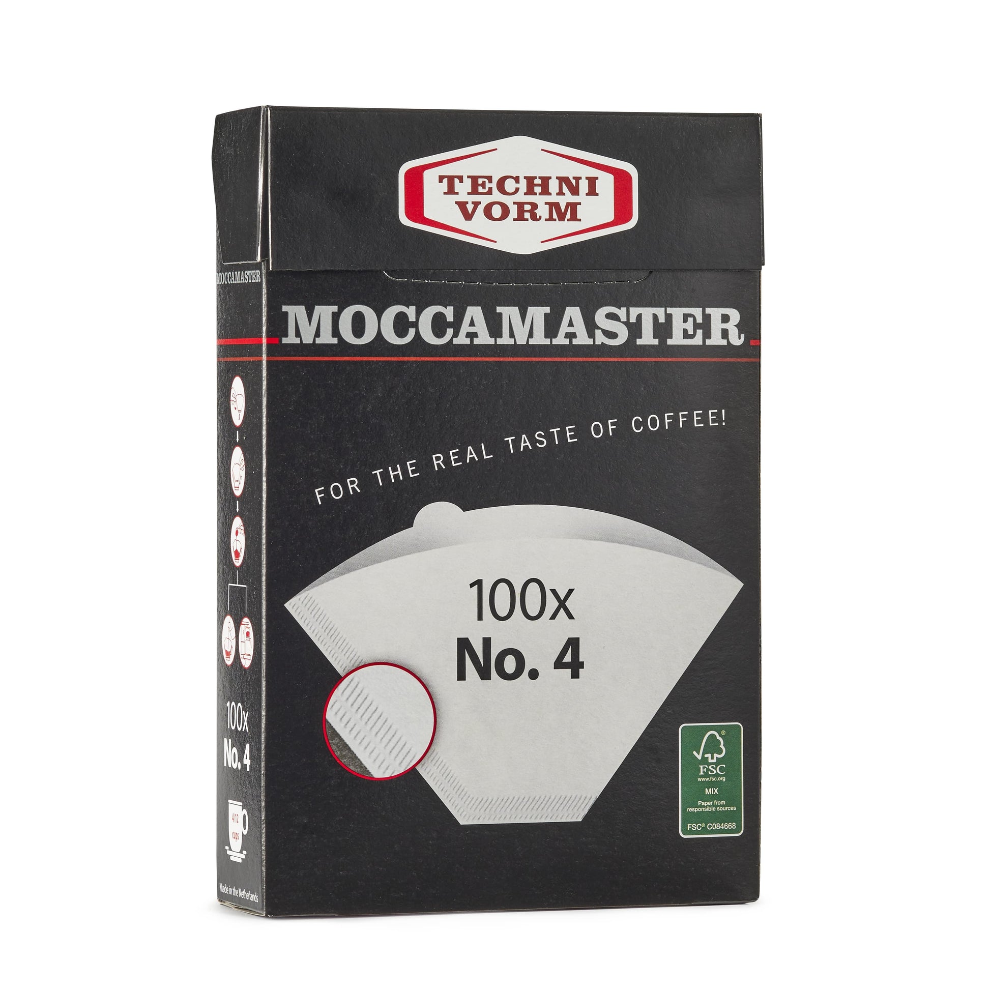 Box of Moccamaster coffee filters with Technivorm branding on a white background