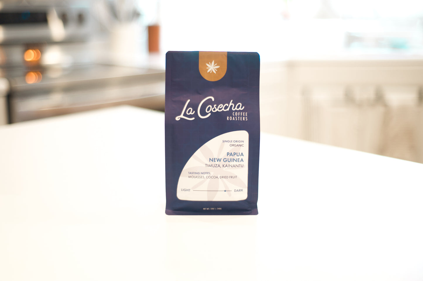 La Cosecha Coffee package on a kitchen counter