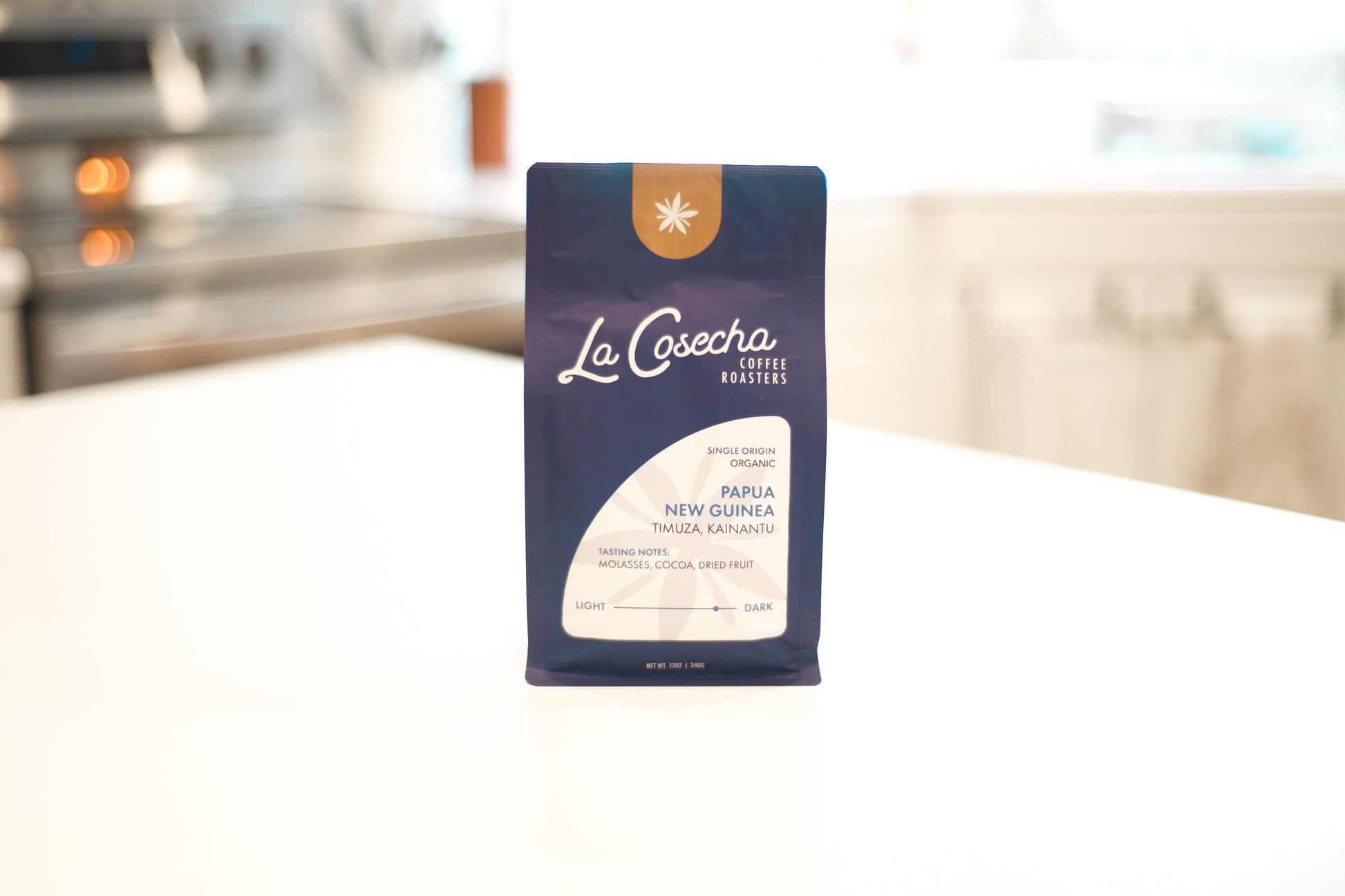 La Cosecha Coffee package on a kitchen counter