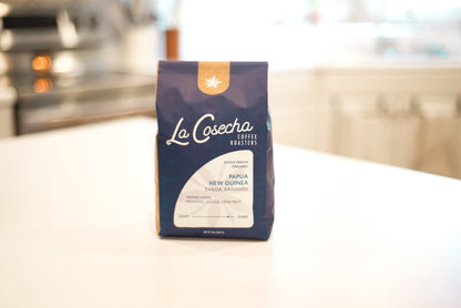 La Cosecha Coffee bag on a kitchen counter