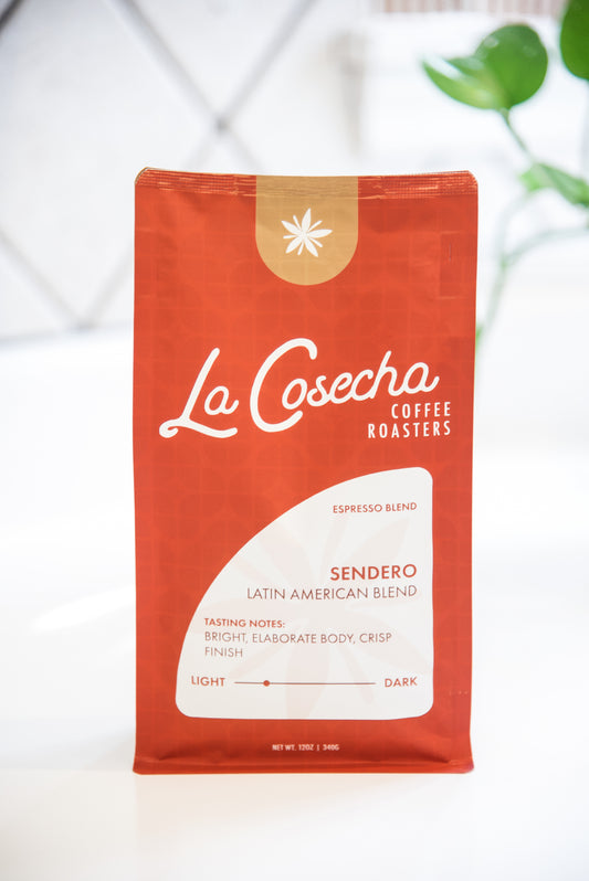 La Cosecha Coffee Roasters Sendero coffee package on a white background