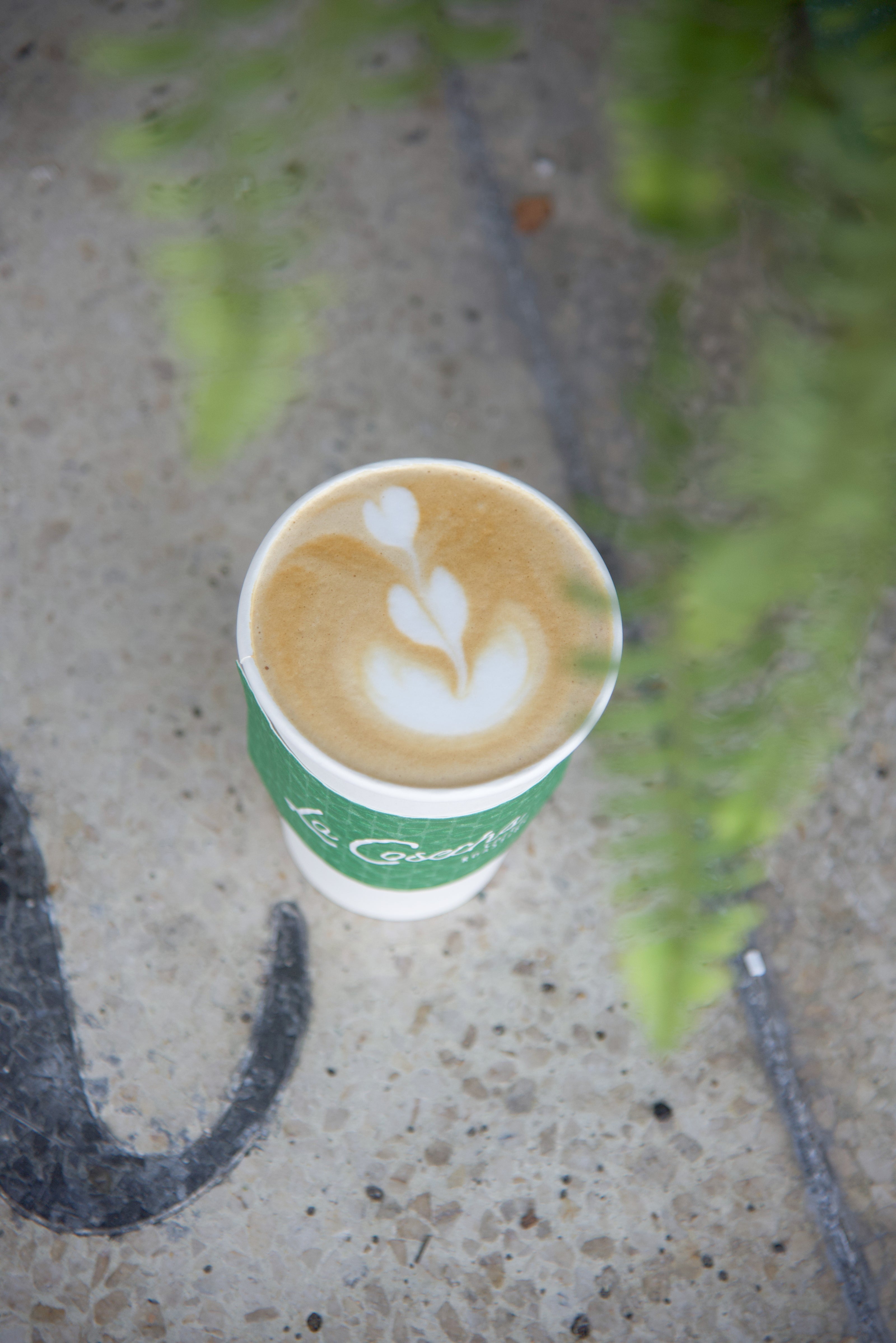 Cup of coffee with latte art on a concrete surface with greenery
